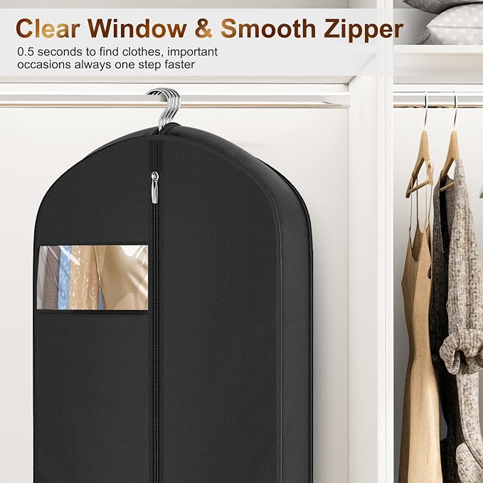 MISSLO 72" Wedding Dress Garment Bag for Travel Waterproof Dress Bags for Gowns Long 4" Gusseted Dresses Protector Bag for Closet Storage Clothing Covers for Hanging Clothes, Black