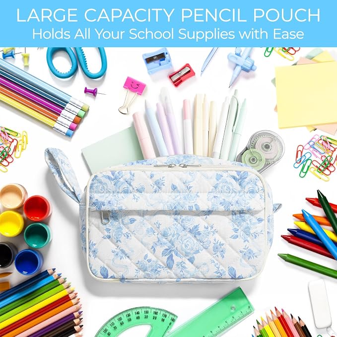 WOBAGMEN Quilted Pencil Pouch for Girls Women, Large Pencil Case Pouch with Compartments Cute Aesthetic Pencil Case Organizer, Floral Pencil Bag for School Supplies (Blue Floral Bow)