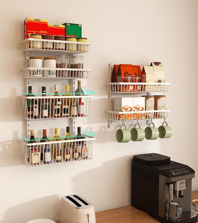 Mefirt Over The Door Pantry Organizer, Pantry Organization and Storage, 6-Tier Deep Baskets Hanging Heavy-Duty Metal, Wall Spice Rack Seasoning Shelves for Home & Kitchen, Laundry Room Bathroom, White