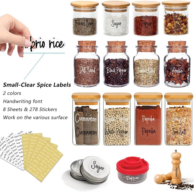 278 Pcs Clear Spice Labels Stickers Preprinted,Small-Stickable -Removable,139 Black+139 White Handwriting Letters, Work on Kitchen Jars Surface