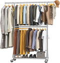 Steel Heavy Duty Tall Clothes Rack Load 860LBS, 73-81"H x 17"D x 42-63"W, Adjustable Two Tier Clothing Rack for Hanging Clothes, Rolling Garment Rack With Sturdy Wheels, Commercial Closet Coat Rack