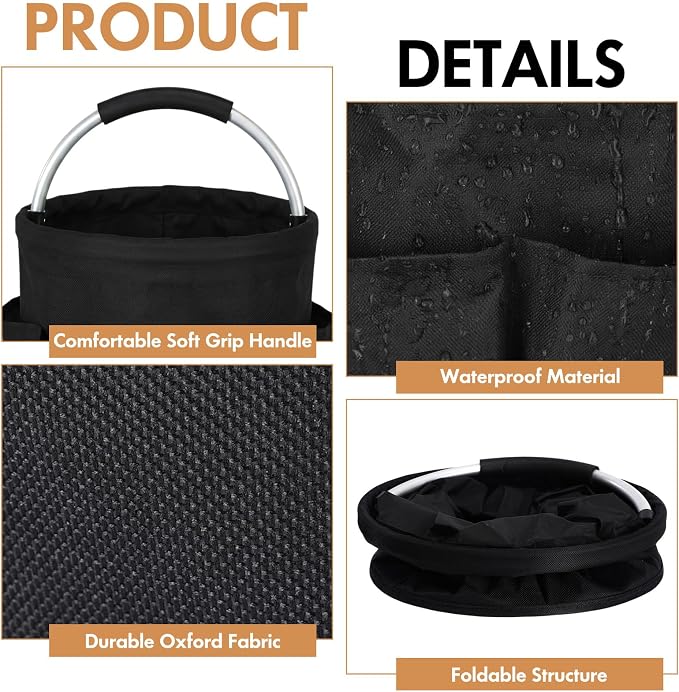 LemonRoad 4 Pack Cleaning Caddy with Handle 17L Foldable Cleaning Supplies Organizer Oxford Cloth Storage Basket with 6 Pockets & Soft Grip Portable Multi Bucket Bag for Home, Garden (Black)