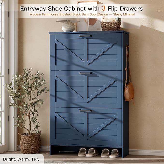 Nicetree Shoe Cabinet for Entryway, 3 Flip Drawers Shoe Storage Cabinet with 3-Tier Adjustable Shelves, Ultra Slim Freestanding Hidden Shoe Organizer with Barn Door Design, Navy Blue