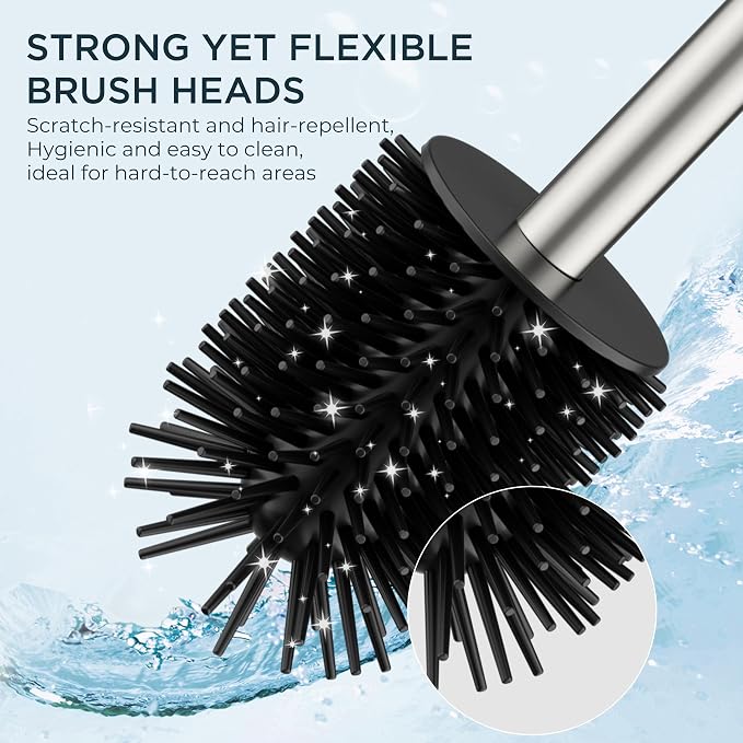 FORIOUS Toilet Brush, 2 Toilet Bowl Brush Head Square Tall Brushed Nickel | Heavy Duty 304 Stainless Steel Base, Silicone and Plastic Brush Heads, Long Handle for Deep Cleaning, Drip-Proof