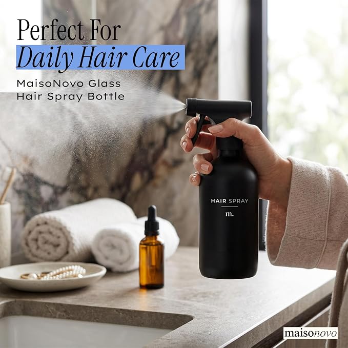 MaisoNovo Glass Spray Bottles 16.9 Oz Pack of 2 - Durable Black Spray Bottle with Fortified Glass & Fine Mist Pumps - Ideal for Salons, Barbers, Stylists, Pet Groomers & Daily Hair Care - 16 Labels