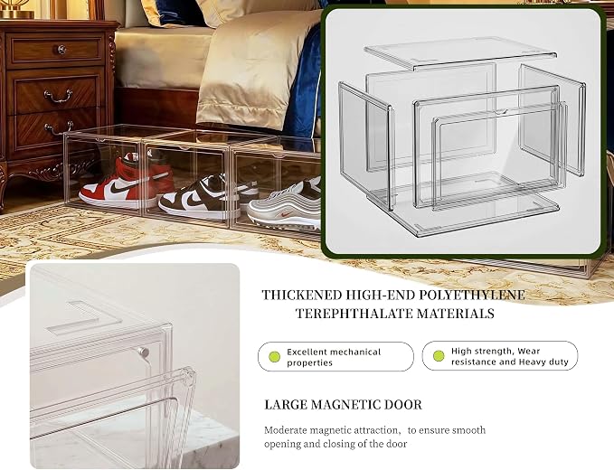 4 Pack Thickened Shoe Boxes Clear Plastic Stackable, Substantial Sneaker Storage Organizers with Lids, Collapsible, Large Magnetic Door, Heavy Duty, Fit Up to US Size 14