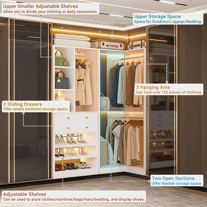 Besiost Corner Closet System with 2 Drawers, 3 Hanging Rods, 59.5" * 31.5" Closet Organizer System with Corner Tower, Reversible L Shaped Walk-in Closet System, Corner Closet System Set of 2, White