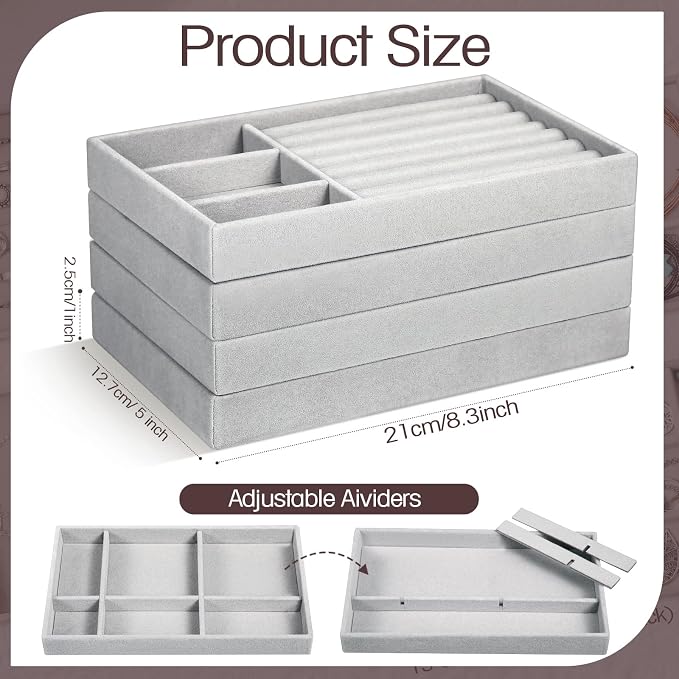 Kenning 16 Pcs Jewelry Organizer for Drawer Stackable Trays Insert with Compartments 8.3x5x1 Small Velvet Storage Holder Closet Vanity Dresser Box Divider Ring Earring Display Wedding Gift for Women