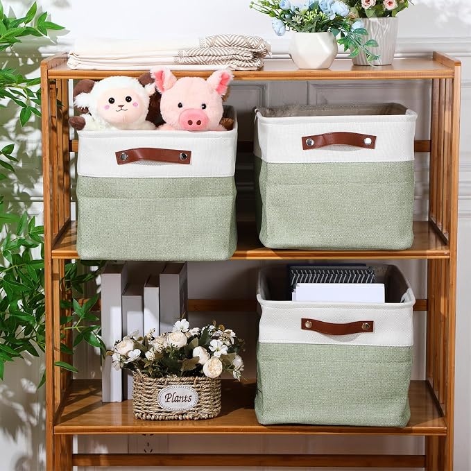 Uiifan 8 Pack 16 x 12 x 10 Inch Large Storage Baskets Collapsible Fabric Storage Cubes Bins with Handles for Shelves Closets Nursery Home Clothes Toys Organizers, Green
