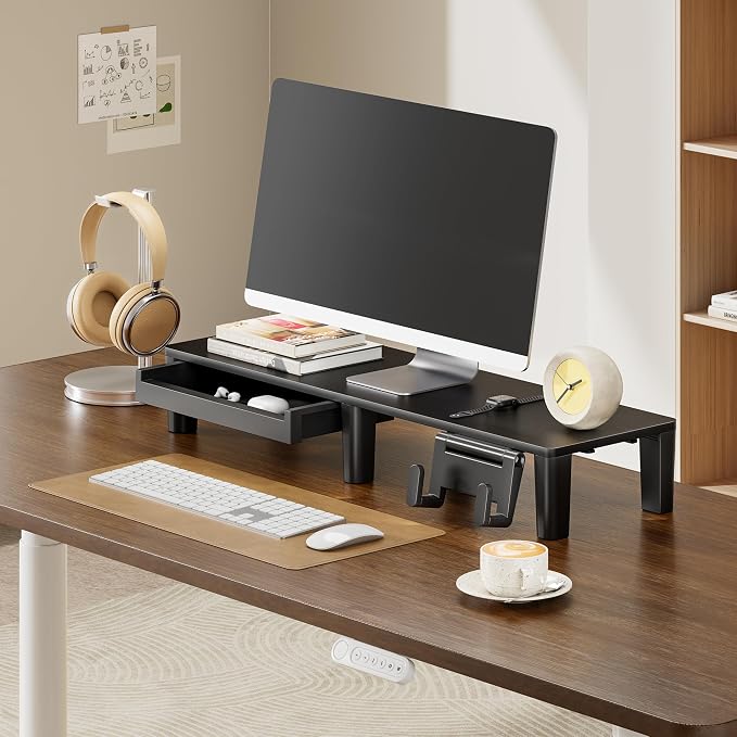 PEGZONE Ergonomic Monitor Stand Riser with Storage Drawer | Computer Riser For PC, Laptop,31.5" desk monitor stand,Desktop Shelf Organizer,For Home Office