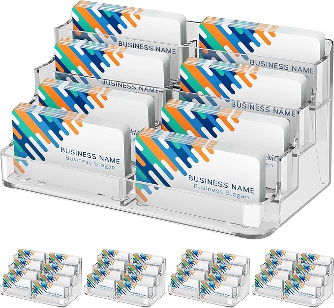 MaxGear 4 Pack Acrylic Business Card Holder, Card Display Stand, 8 Pockets | 4-Tier Freestanding Design, Clear Acrylic Construction, Fits Standard Business Cards for Reception, Office and Countertops