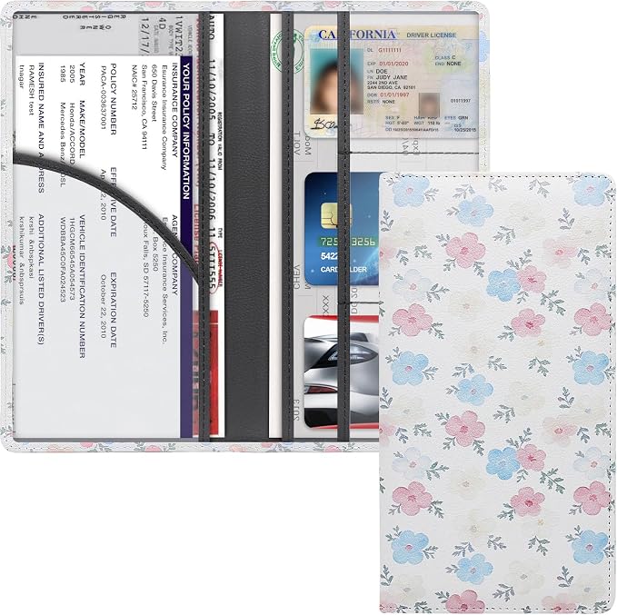 LumiMokki Premium Car Registration & Insurance Card Holder with Magnetic Shut, Vehicle Glove Box Car Organizer - For Documents, Cards, License (Floral A)