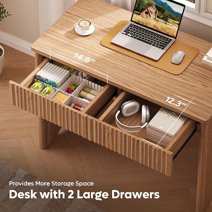 Bestier 40-Inch Fluted Wood Computer Desk with 2 Silent Drawers, Light Wood | Vertical Fluted, 2 Storage Drawers Silent Damping, 40x20 in, 30in Ergonomic, Scratch-Resistant Melamine, Non-Slip Pads