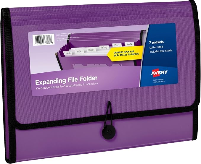 Avery Expanding File Folder Organizer, 7-Pocket Accordion File Organizer, Plum, Holds 425 Letter/A4-Size Sheets (73552) (Pack of 8)
