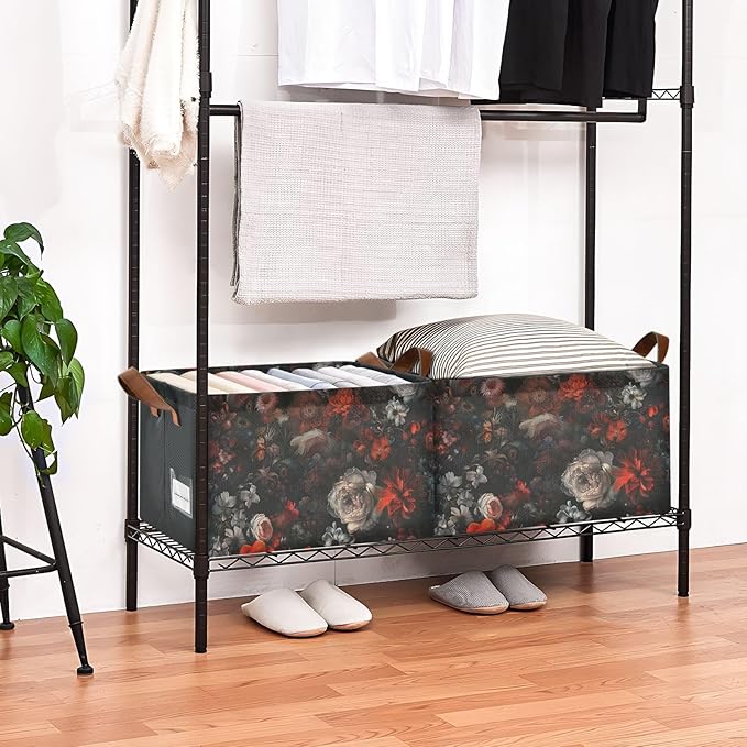 Moody Floral Goth Flower Gothic Dark Storage Bins for Shelves with Labels&Handles Fabric Organizer Bin Foldable Rectangle Storage Basket Boxes for Closet, Bathroom, Home, Living Room, 2 Pack