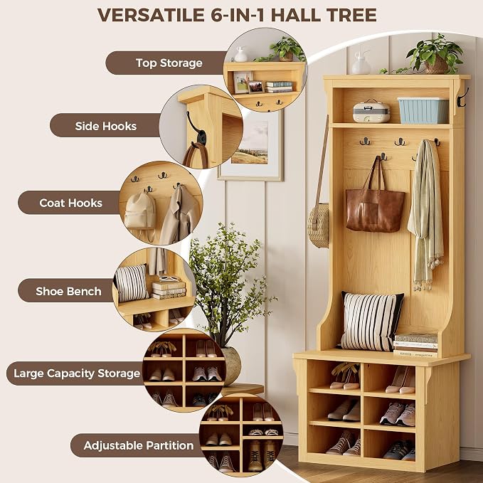IRONCK 70"H 26"W Hall Tree with Bench and Shoe Storage, 6-in-1 Entryway Bench with Coat Rack, Adjustable Shelf, Hanging Hooks, 6 Shoe Cubby, 2 Tier Top Storage for Entryway, Bedroom, Living Room, Oak