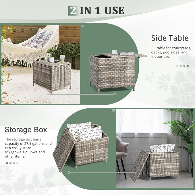VINGLI 27 Gallon Outdoor Deck Box, Wicker Outdoor Storage Box with Lid, Small Storage Bin Container for Outside and Patio, Patio Rattan Side Table for Yard Porch (Grey, Square)