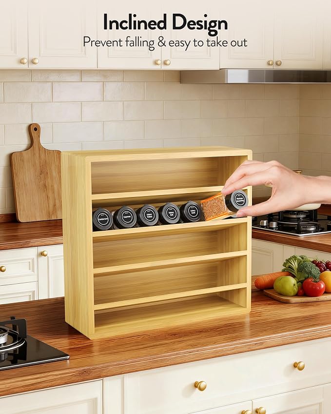 Orimade 4 Tier Spice Rack Organizer for Cabinet with 28 Plastic Spice Jars, Freestanding Bamboo Seasoning Rack for Countertop, Cupboard, Pantry, Kitchen, 13.18 x 4.13 x 12.2 inches