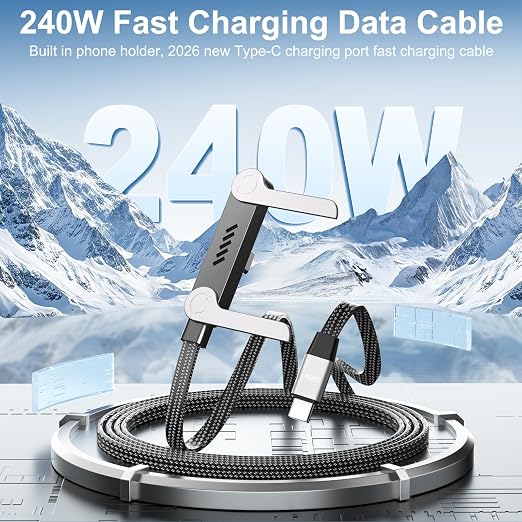 240W Braided Fast Charge Cable, 2026 New Invisible Holder Charger Cable with Stand, 4.92ft Foldable Durable 240W Stand Data Cable USB-C Cord 90 Degree Right Angle USB C Cable, Type C to Type C (1)