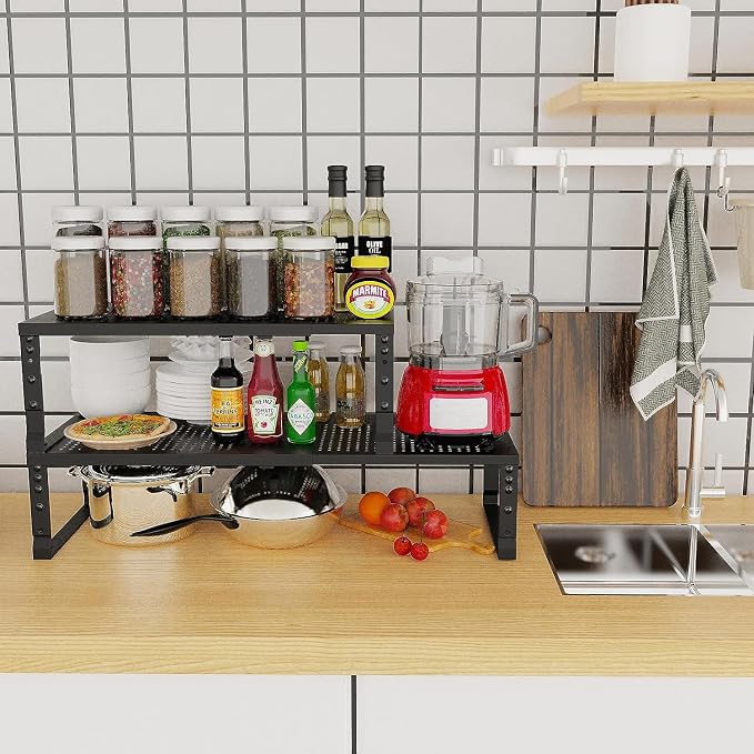 Jojocross Expandable Cabinet Shelf Organizer Storage Spice Rack Shelves for Kitchen Stackable Adjustable Pantry Cupboard Bathroom Countertop Desktop(1Pack/Black/Large-with Hole)