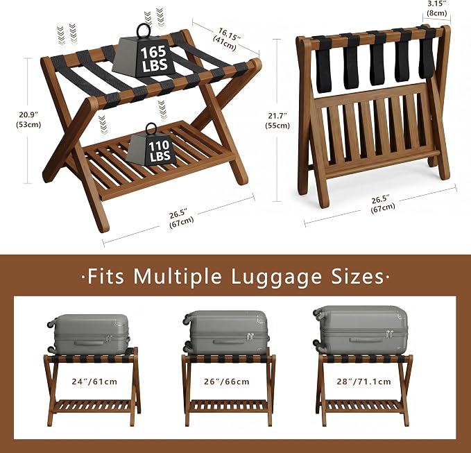 Heybly Luggage Rack for Guest Room,Bamboo Folding Luggage Stand & Suitcase Holder,Suitcase Stand, 5 heavy-duty straps,Holds up to 165 Lbs, Heavy Duty Luggage Rack for Bedroom Hotel, Walnut, HLR013WB1
