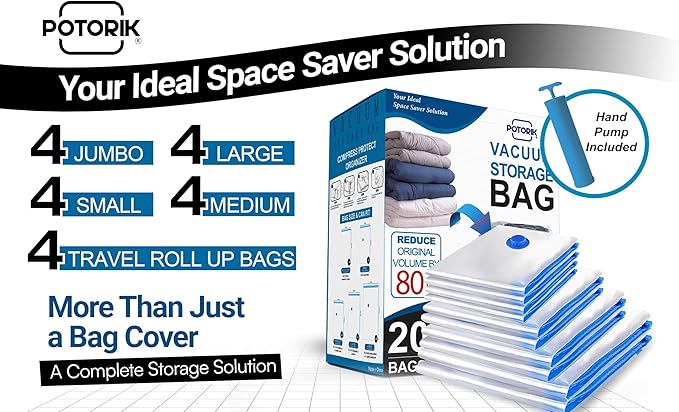 Vacuum Storage Bags, 20 Pack (4 Jumbo/4 Large/4 Medium/4 Small/4 Roll) – Space Saver Compression Bags for Clothes, Comforters & Blankets – Durable Double-Seal Vacuum Bags with Hand Pump