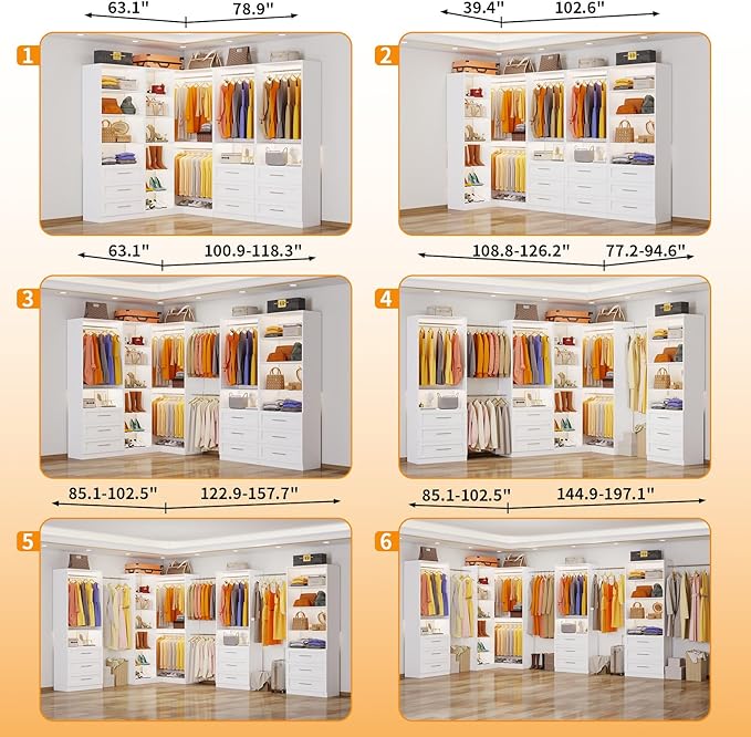 Closet System with 4 Sets, 8.5FT-21.5FT Corner Closet Organizer System with 9 Drawers & 12 Shelves & 8 Hanging Rods, Custom L-Shaped Modular Walk-in Closet Organizers and Storage System Corner, White