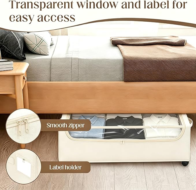 Under Bed Storage with Wheels, 2 Pack Under Bed Storage Containers, 10.6 inches Tall Underbed storage bins on Wheels, Rolling Under the Bed Metal Drawers for Clothes, Blankets, Shoes (XXXL, 90L)