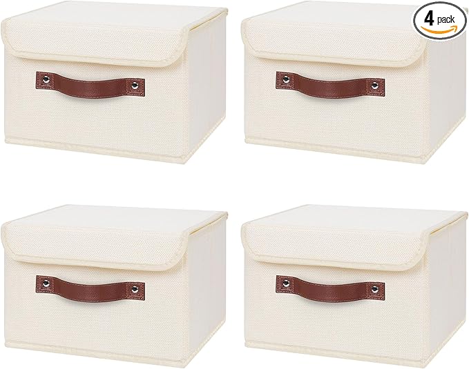 ANMINY 4PCS Storage Bins with Lid PU Leather Handles Storage Boxes PP Plastic Board Decorative Foldable Lidded Cotton Linen Fabric Home Cubes Baskets Closet Organizer Containers - Beige, Small Size