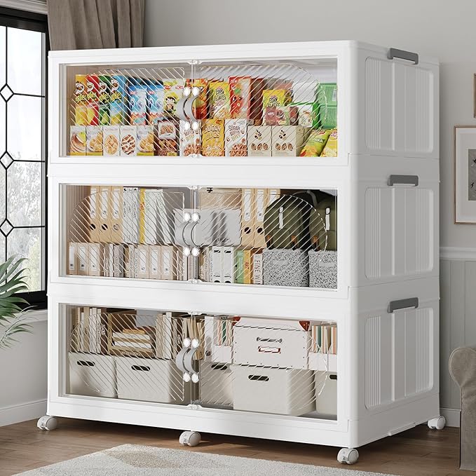 180Gal/720QT 3-Tiers Extra Large Stackable Storage Bins with Lid, Collapsible Cabinet Closet Organizer Plastic Container Box with Wheels Doors Drawers for Office Dorm Kitchen Office, White