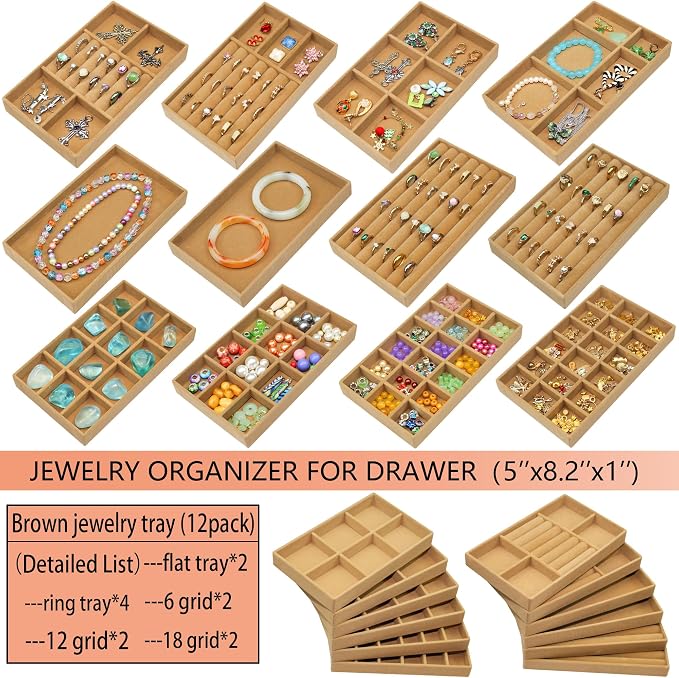 12 Set Jewelry Trays Organizer Stackable Jewelry Display Case Storage Box for Earring Necklace Rings Bracelet Watch, Brown