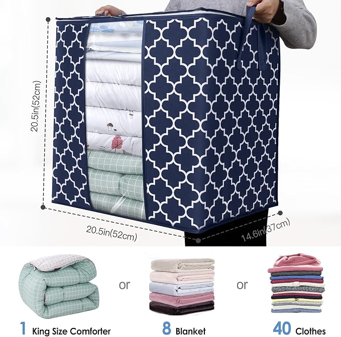 WISELIFE Storage Bags 3 Pack/100L Large Blanket Clothes Organization and Storage Containers for Comforters,Bedding, Foldable Organizer with Reinforced Handle, Clear Window, Sturdy Zippers,Blue