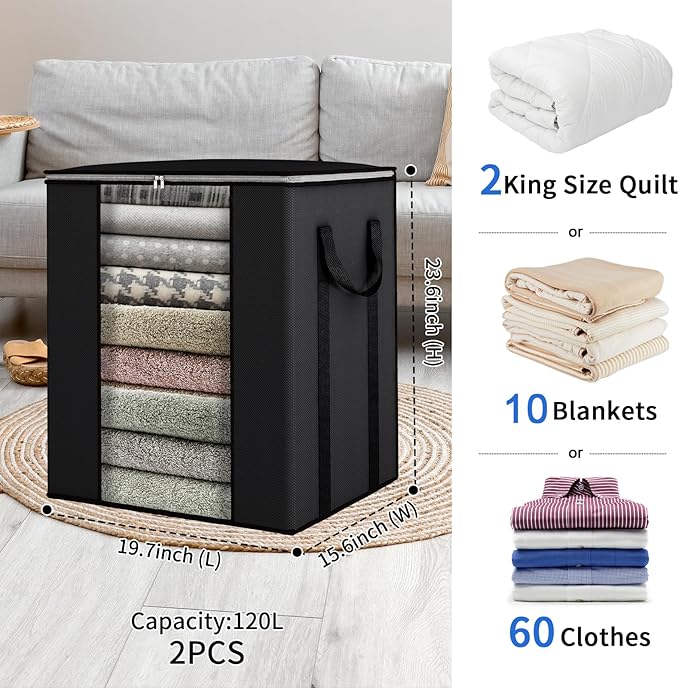 Fixwal Blanket Storage Bags with Zipper Large Storage Bins with Lids 120L 2 Pack Comforter Storage Bags with Reinforced Handles Clothes Storage Containers for King Comforter Bedding Pillow Sheet Black