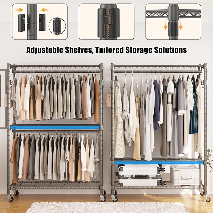 BATHWA Clothes Racks for Hanging Clothes, 25 mm tube Heavy Duty 47.3"W x 17.7"D x 80.7"H Large Wardrobe Rack with Shelves & Wheels Rolling Multifuctional for Bedroom Laundry Walk-in Closet Organizer