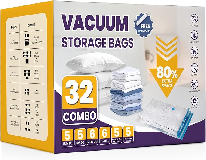 Vacuum Compression Zipper Storage Bags with Hand Pump, Multiple Pack of 32 (5 Jumbo, 5 Large, 6 Medium, 6 Small, 5 Roll M, 5 Roll S), Clear