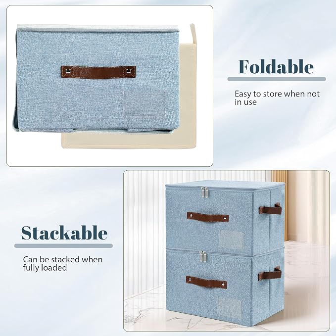 ANMINY Small Fabric Storage Box Bins with Zipper Lid, Washable Blue | Cotton Linen Fabric, PP Board Frame, Label Holder, Stackable & Foldable, PU Handles, Dual-Zipper 3-Side Open Lid