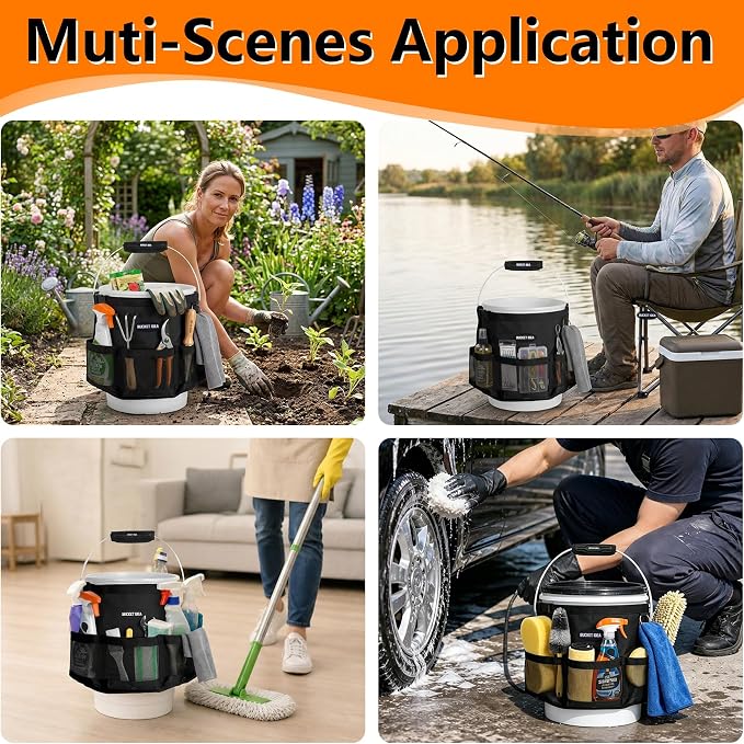 MELOTOUGH Bucket Tool Organizer Fits 5 Gallon Water-Resistant Mesh Pockets | Water Resistant, Multiple Compartments Pockets, Hold Large Brushes & Garden Tools, Fits 3.5-5 Gal Buckets, Easy to Carry