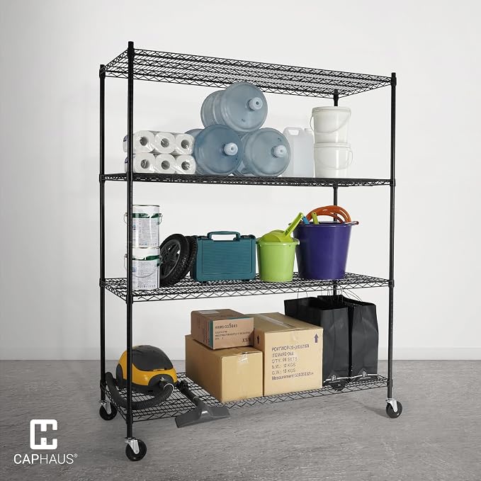 CAPHAUS 4-Tier Commercial Grade Heavy Duty Adjustable Height Wire Shelving w/Wheels & Leveling Feet, Storage Metal Steel Shelf, Garage Shelving Storage, Utility Wire Rack Storage Shelving Unit, 60" W