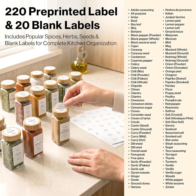 Minimalist Spice Jar Labels Self-Adhesive - 240 Stickers for Spice Jars, Spice Jars & Drawers, Round & Rectangular, Waterproof Spice Organiser Labels for Kitchen Organisation (White)