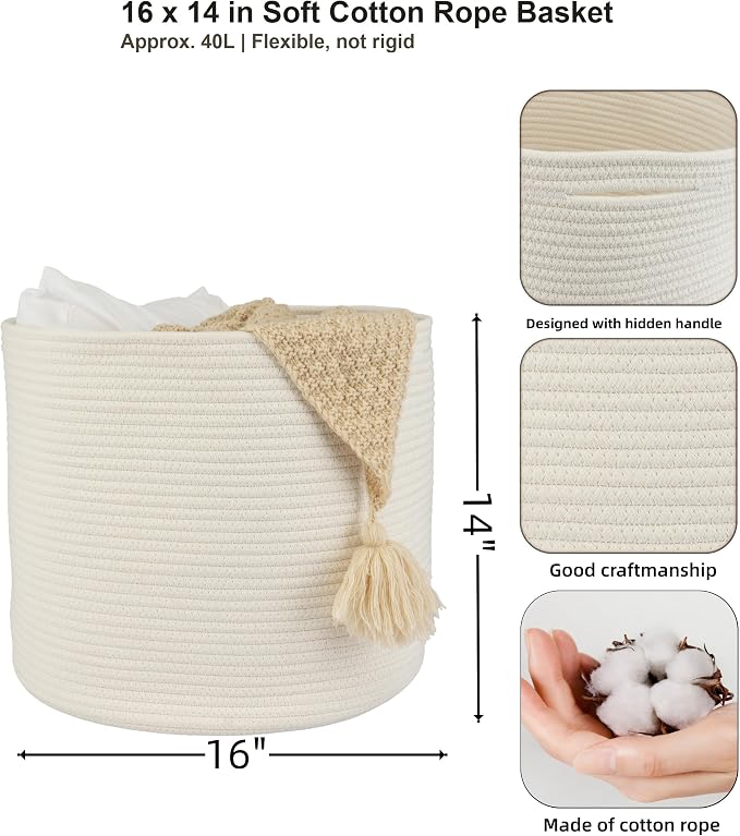 XUANGUO Cotton Rope Woven Basket, 16x14 in Kids Laundry Basket, white | Round blanket basket and small laundry basket; baby hamper or nursery storage bin for girls, boys, toys, clothes and shoes