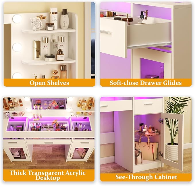 HUAHUU Vanity Desk, Makeup Vanity Desk with Mirror and Lights 3 Colors, Transparent Top with 3 RGB Drawers, 6 Shelves, 2 Large Tempered Cabinets, Power Outlet, for Bedroom, White