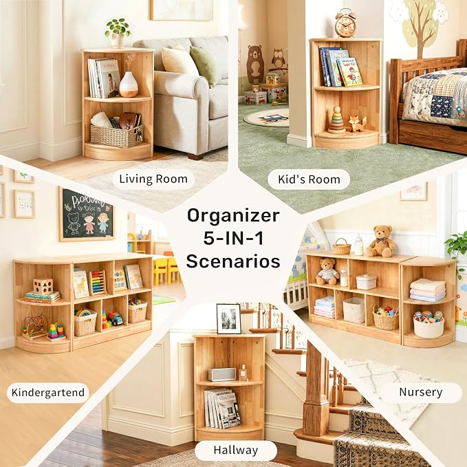 WINGYZ Rubber Wood Corner Cabinet, 2-Tier Montessori Shelf 11.8" L Bookcase | Toy Storage Organizer, 150lb Capacity, Montessori Bookshelf for Kids Rooms, Classroom, Playroom, Nursery, Daycare, Child-Safe