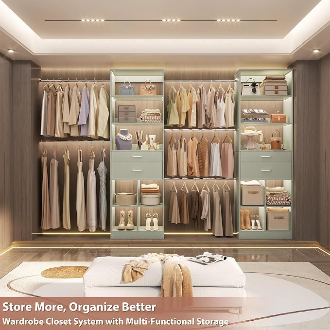 Besiost Closet System, 7.4ft-10ft with 4 Wooden Drawers and 5 Hanging Rods, Can Fit 88 to 123 inch Walk-in Closet System, Crab Green