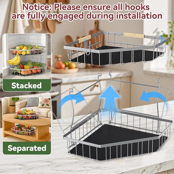 2 Tier Fruit Basket for Kitchen Counter - Detachable Metal Fruit Bowl with 2 Banana Hangers for Corner , Large Capacity Fruit Stand with Wooden Handle for Bread Fruit and Vegetable Storage - Silver
