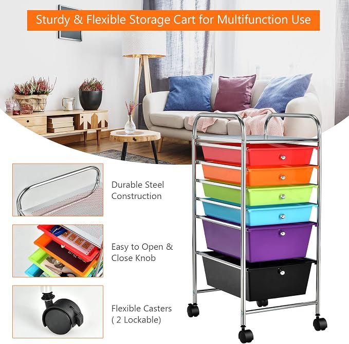 DREAMADE Rolling Rainbow Cart with 6 Drawers, Utility Cart with Removable Plastic Drawers, Lockable Wheels, Art Cart for Classroom Organization Art Supplies Office Scrapbook (6 Drawers, Multi-color)