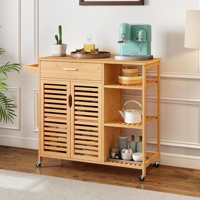 Bamboo Kitchen Island Cart, Rolling Butcher Block with Large Drawer, 2-Door Cabinet, 3-Tier Open Shelves, Towel Rack, Kitchen Carts on Wheels with Storage for Dining Room
