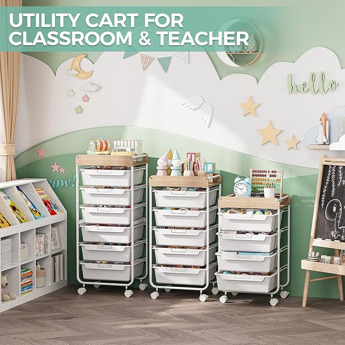 Utility Cart with Drawers,Craft Cart with 5 Drawers,Art Supply Organizer,Rolling Drawer Cart,Craft Storage Cart,Storage Drawer Carts With DIY Lable and Wooden Tabletop Area,White