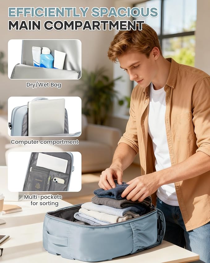 Large Travel Backpack Women Carry On Hiking Backpack Waterproof Outdoor Sports Casual Daypack Personal item Travel Bag Airplane Essentials Spirit Airline Flight Approved Shoes Compartment Men,Blue
