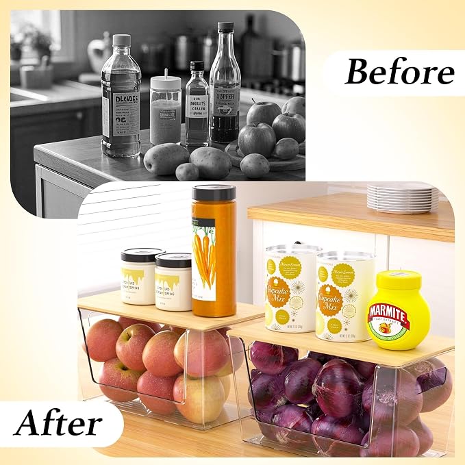 CiWiVOKi 2 Set Pantry Organizers and Storage - Clear Stackable Bins with Bamboo Lid for Fruit, Onion, Potato, Vegetable - Trash Bag Holder Dispenser Under Sink Organizer for 4-13 Gal Bags