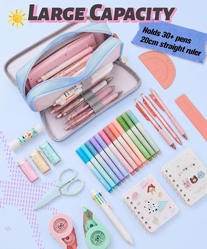 FAHZON Cute Pencil Case, 3 Large Compartments Pencil Pouch, Elastic Pen Slots&Mesh Pockets for Stationery, Pencil Bag for School Supplies with Zipper for Girls Boy Women Teens Adults-Blue